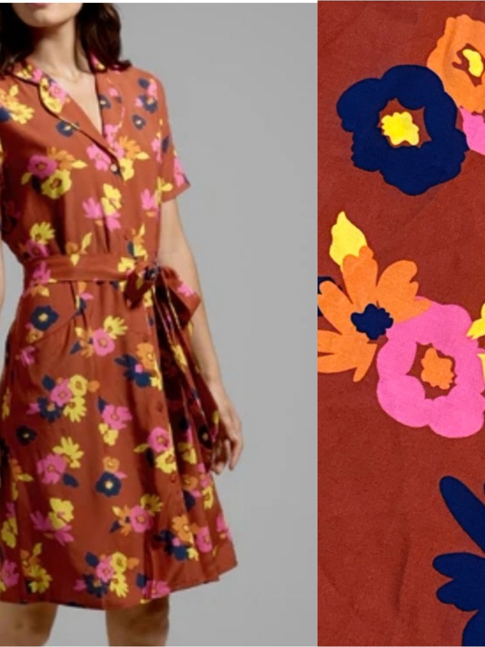 NWT ModCloth Floral Shirt Dress M Rust Orange Pink Yellow Button Front Belted